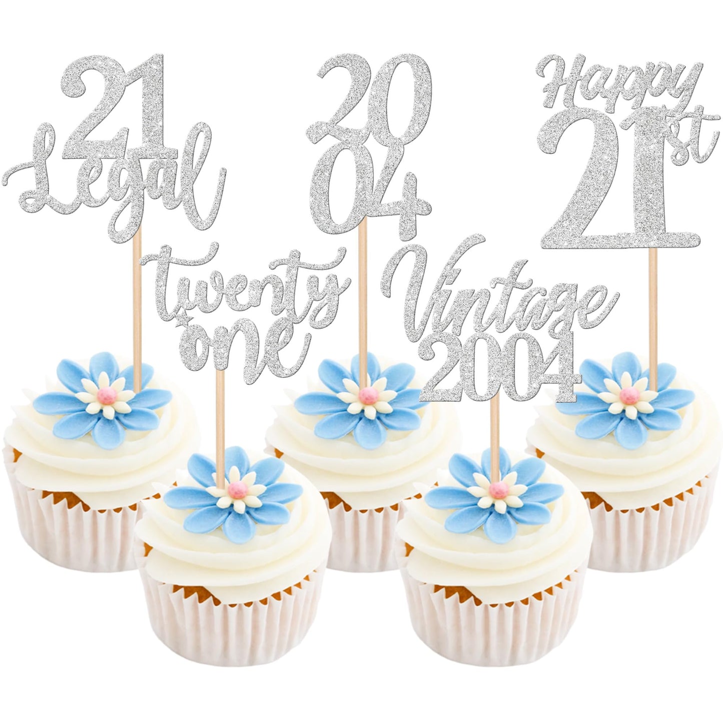 ZHUOWEISM 30PCS Cupcake Toppers for 21st Birthday Party Decorations, Silver