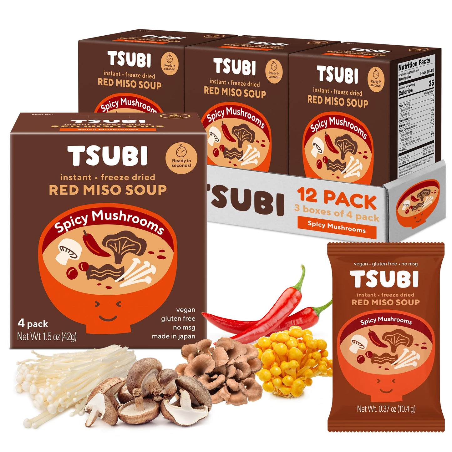 Tsubi Soup Freeze-Dried Miso Soup Packets - Vegan, Gluten-Free, Spicy Mushroom - 12 Pack