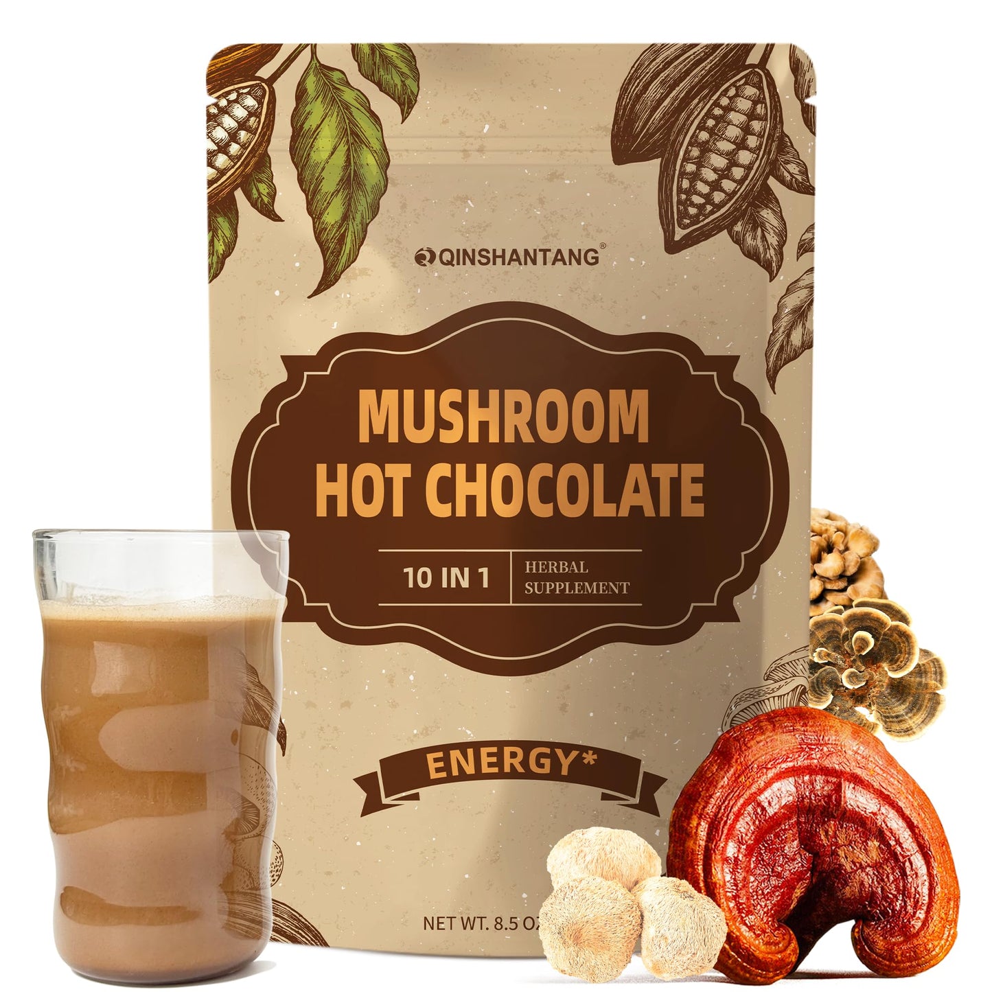 Mushroom Hot Chocolate  Cacao Powder  8.5 Ounce | 10 In 1 Mushroom LionS Mane  Chaga  Reishi  Maitake And Mct Powder | Support Energy  Focus | Sugar Free  Vegan  Gluten-Free  30 Servings