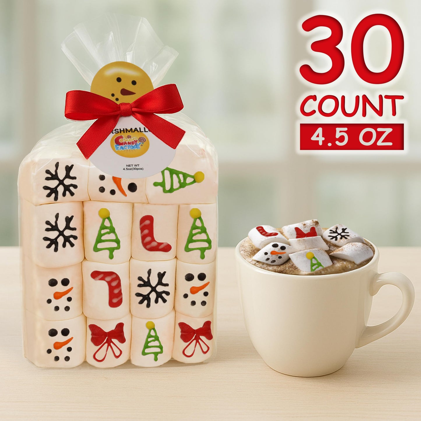 30 Count Christmas Marshmallow Gift Pack, Soft & Fluffy Vanilla Marshmallows, Festive Holiday  , Cute Snowman Packaging, Perfect For Gifting, Hot Chocolate, & Stocking Stuffers, 4.5 Oz 30 Count