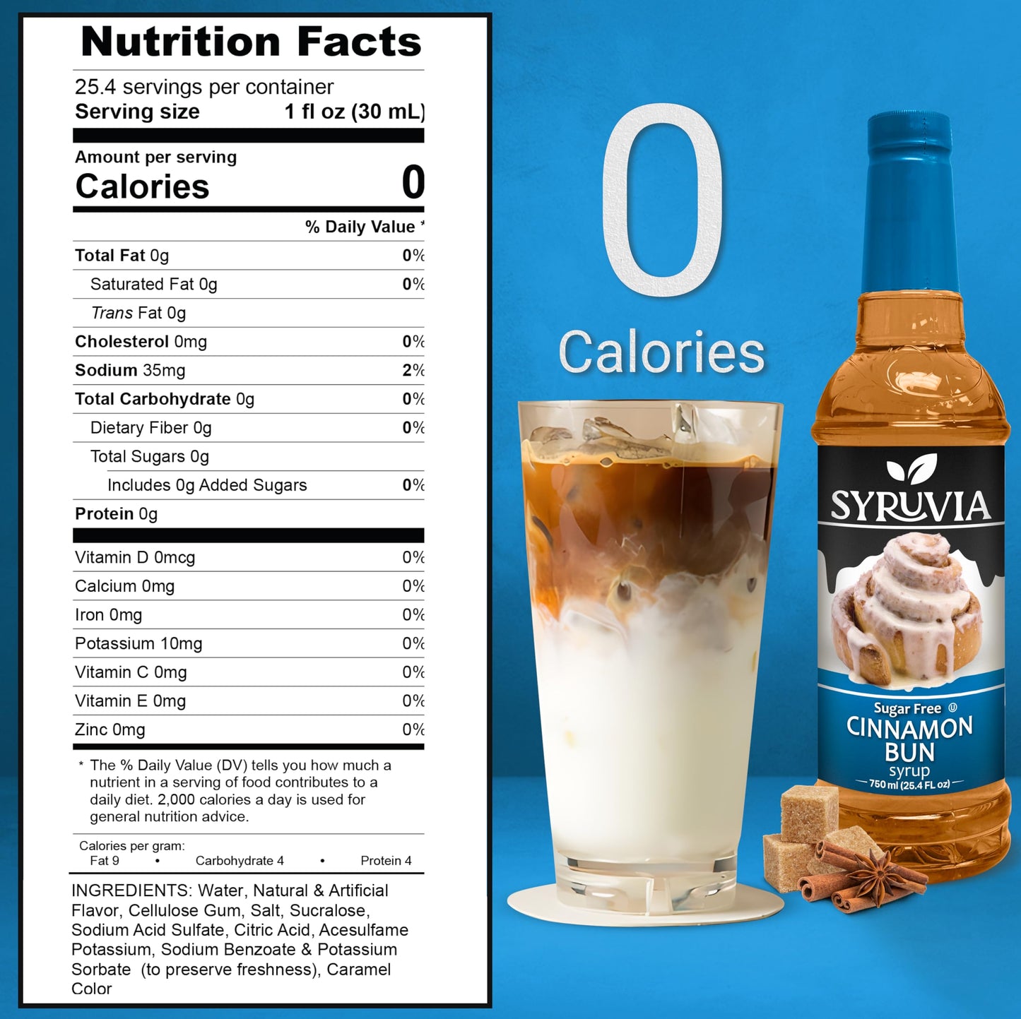 Syruvia Sugar-Free Cinnamon Bun Coffee Syrup - 25.4 Fl Oz Premium Coffee Flavoring Syrup - 0 Calorie- Kosher Coffee Syrups, Glut