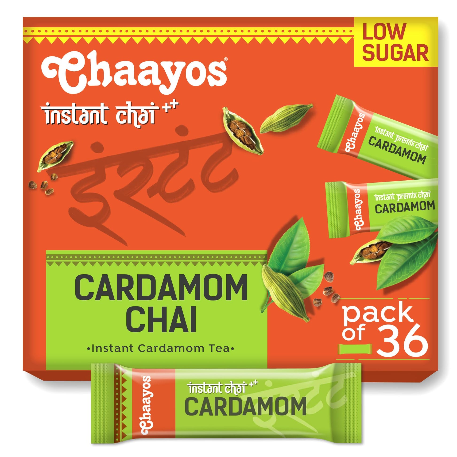 Chaayos Instant Tea Premix - Cardamom Flavour - Low Sugar (36 Sachets) | Instant Tea | Tea Premix | Cardamom Tea | Cardamom Chai