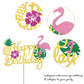 YCTHUNFISH Bamboo Happy Birthday Cake Topper - Flamingo & Palm Leaf Design for Tropical Parties