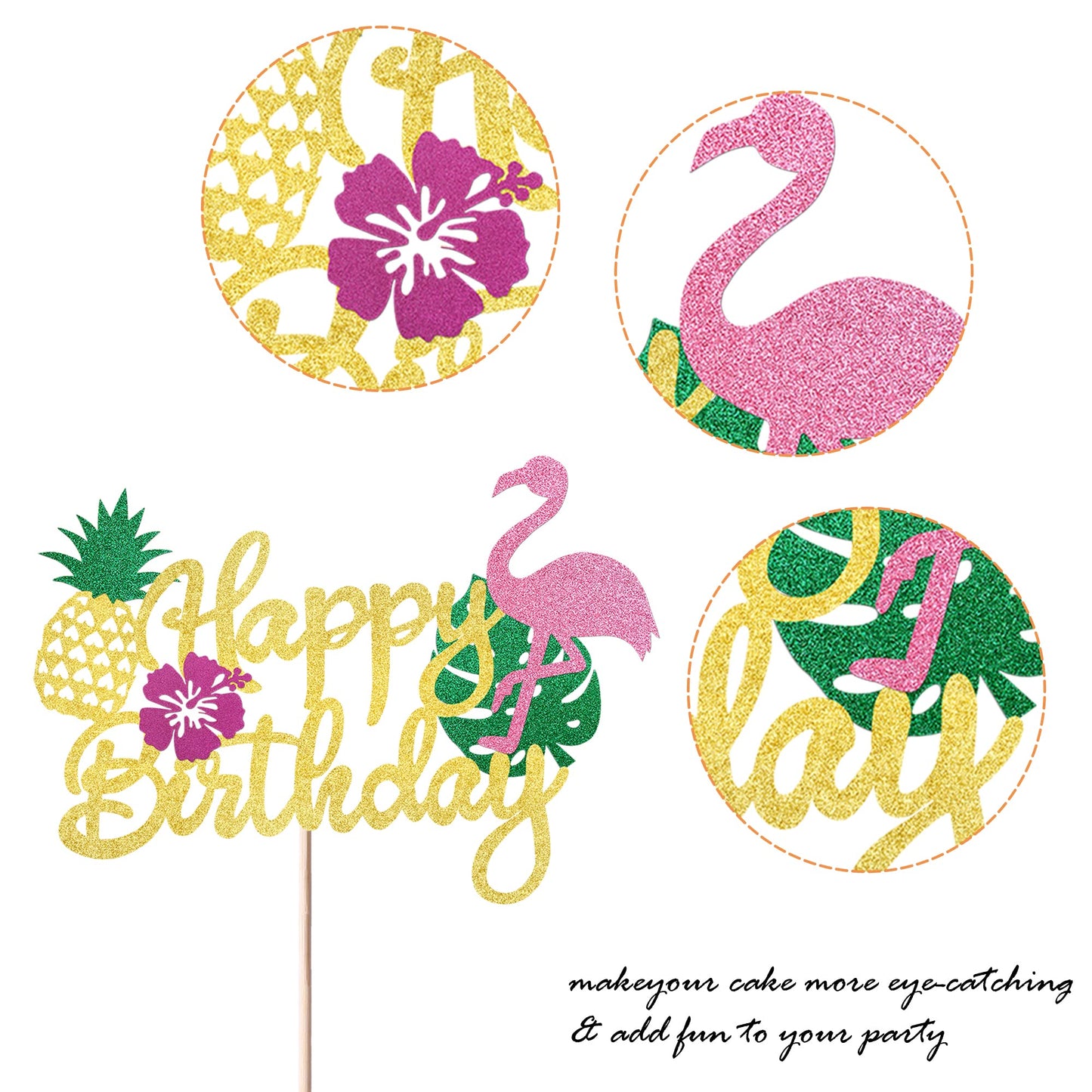 YCTHUNFISH Bamboo Happy Birthday Cake Topper - Flamingo & Palm Leaf Design for Tropical Parties