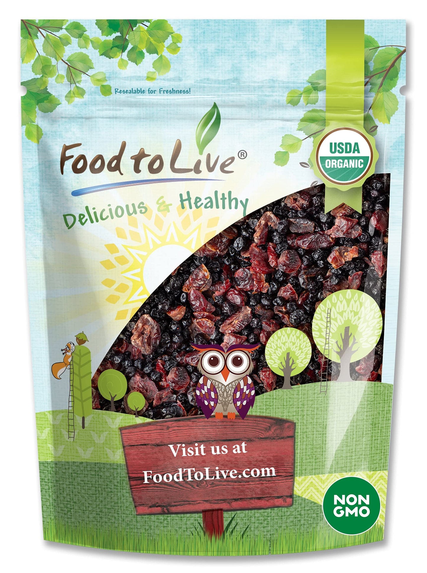 Food to Live Organic Essential Berries Mix, 12 Oz, Non-GMO Dried Blueberries and Cranberries. Unsulfured, Kosher, Bulk. Gently I
