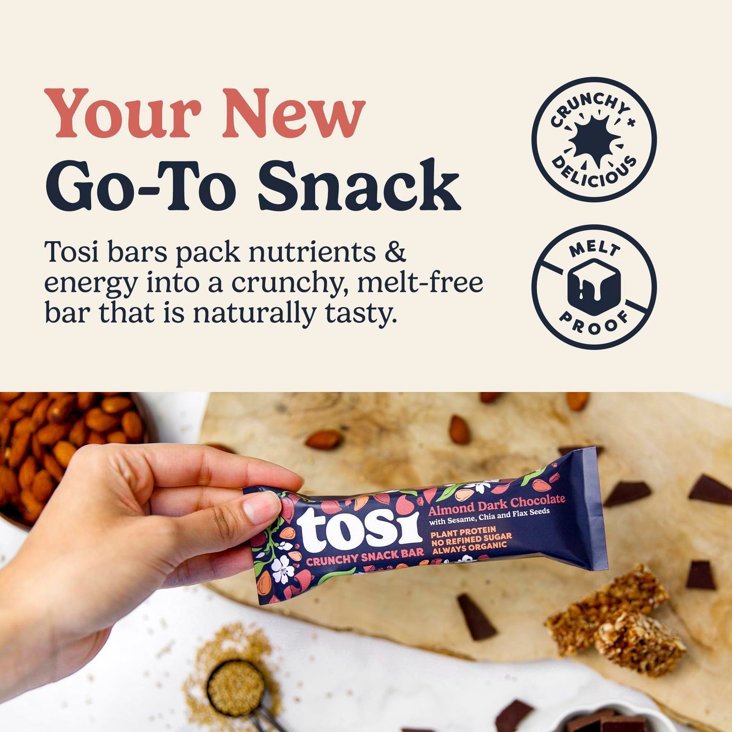 Tosi Variety Pack Protein Bars, Plant Based with Nuts, Gluten-Free Crunchy Snacks, Vegan, Organic, Flax & Chia Seeds, Soy-Free,