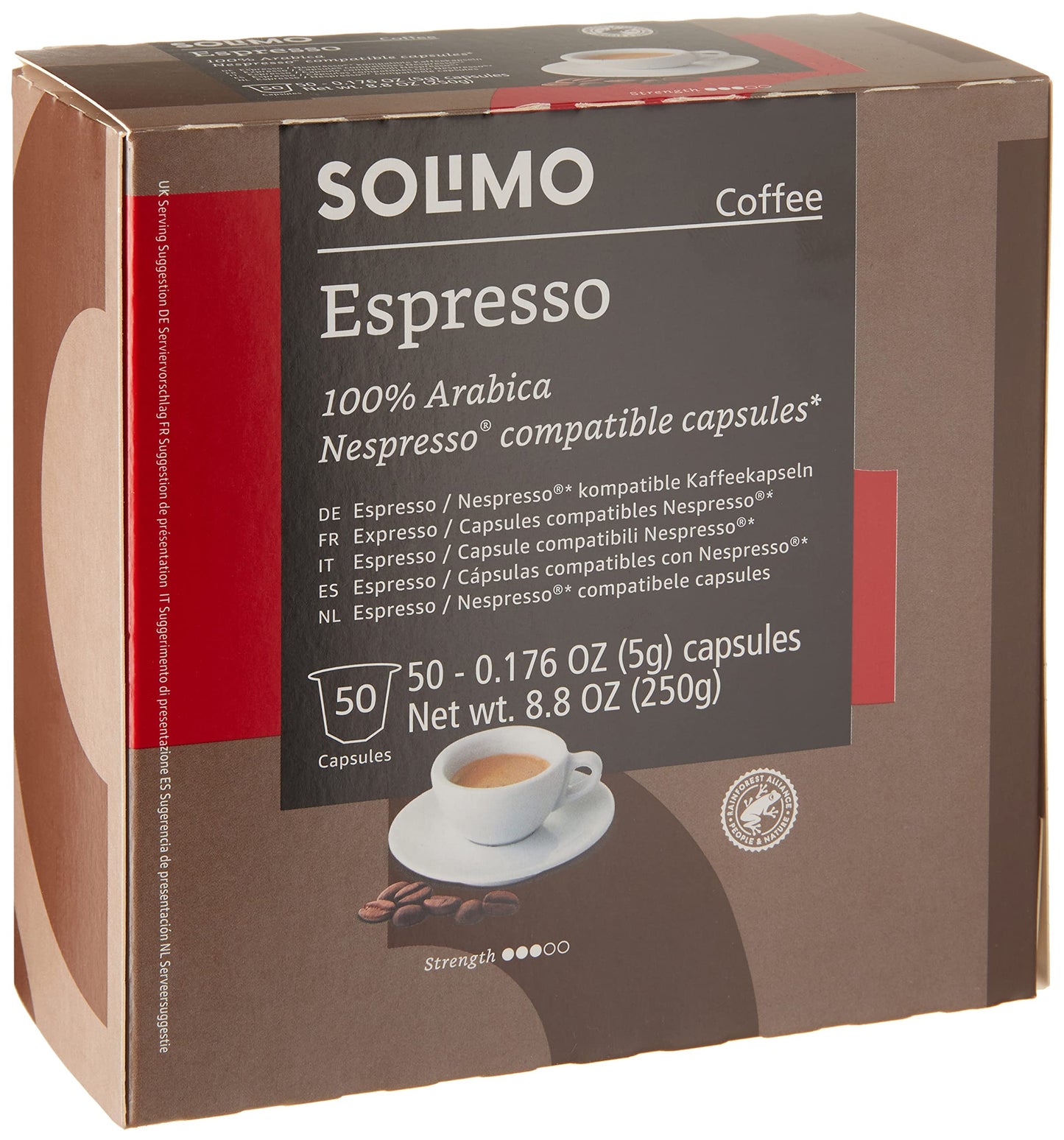 Amazon Brand - Solimo Espresso Capsules, Medium Roast, 50 Count, Compatible with Original Brewers, Model 704192