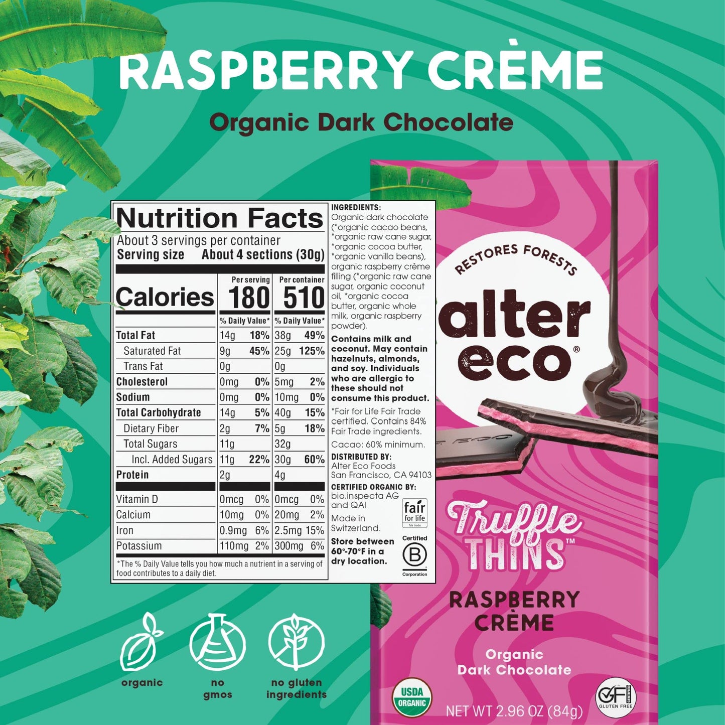 Alter Eco Raspberry Creme Truffle Thins, Chocolate Bar with Gooey Ganache Truffle Filling, Organic, Gluten & Soy-Free, Non-GMO S