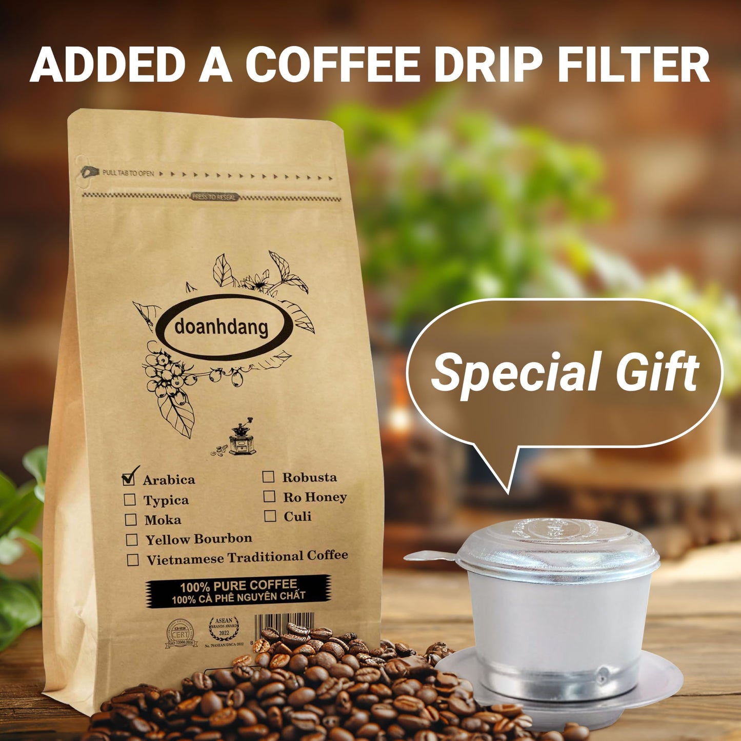 Doanhdang - 17.6 Oz Enhanced Arabica Whole Bean Coffee, 100% Arabica Medium Roast, Rich Flavor For Espresso And Brew, Origin From Vietnam, Whole Med Roast Beans