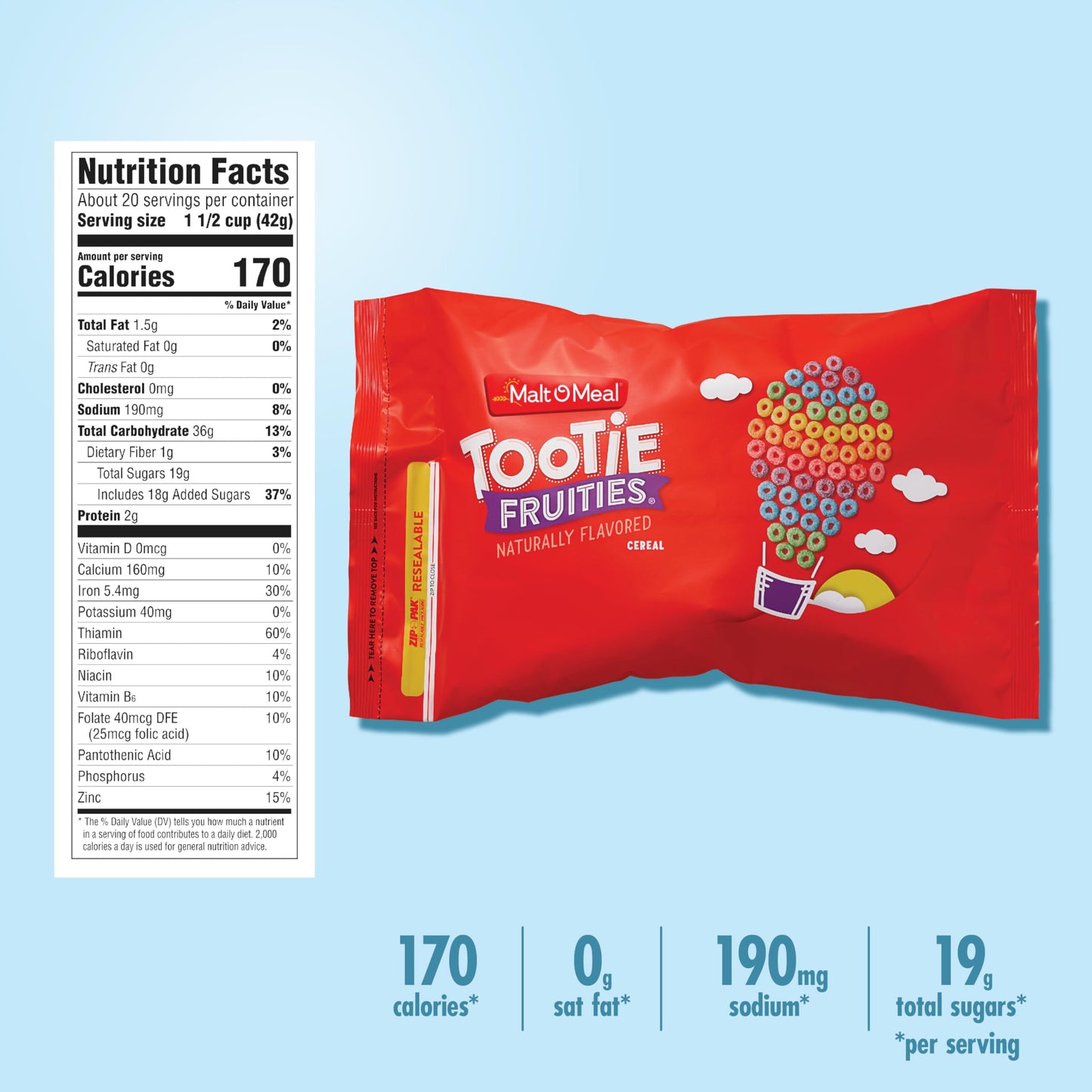 Malt-O-Meal Tootie Fruities Breakfast Cereal, Colorful And Fruity Cereal For The Family, Family Cereal Size, 30 Oz Resealable Cereal Bag