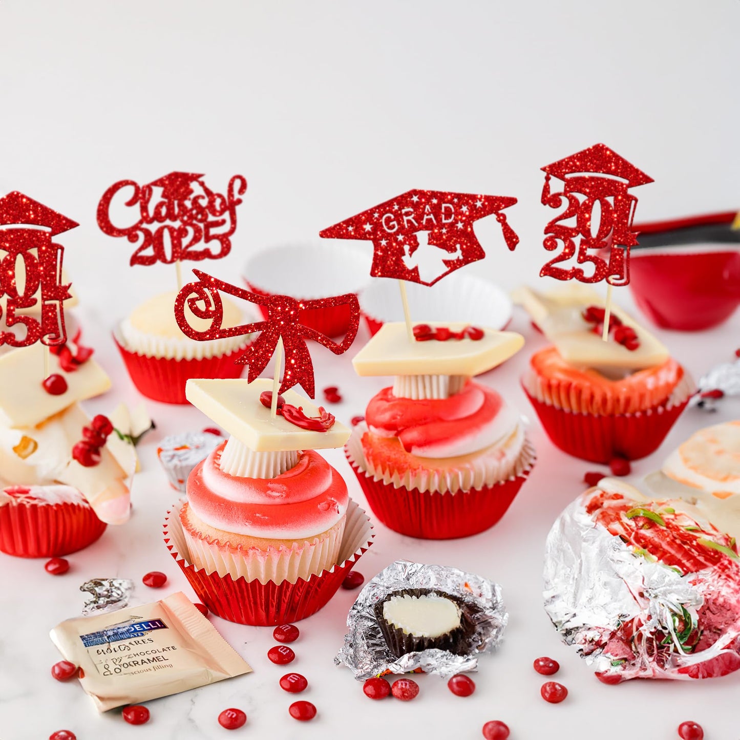 Gyufise 24Pcs 2025 Graduation Cupcake Toppers Red Glitter Class Of 2025 Diploma Congrats Grad Cap Cupcake Picks Decoratiosn For