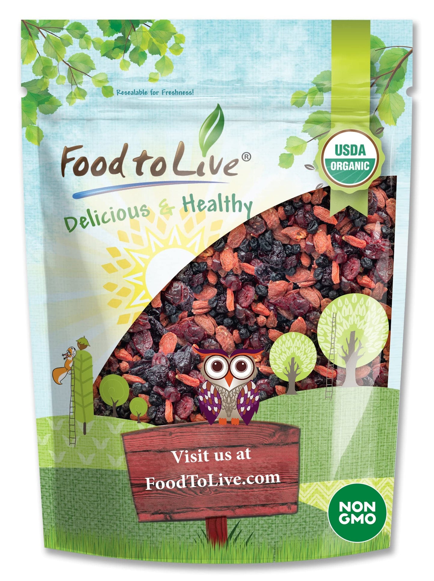 Food to Live - Organic Yummy Berries Mix, 12 Ounces A Blend of Non-GMO Dried Cranberries, Blueberries, Cherries, Goji Berries, V