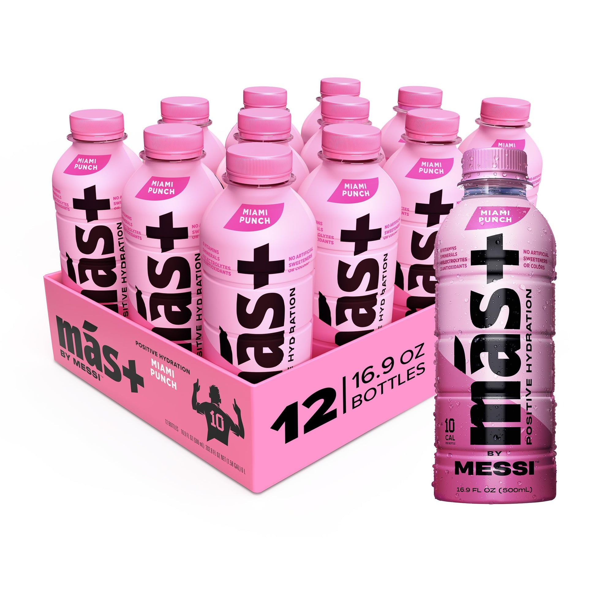 M  s+ by Messi 16.9oz Miami Punch, Sports Drink & Hydration Beverage, Natural Flavors with Vitamins and Electrolytes, No Artific
