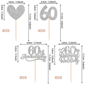 25 Pcs 60Th Anniversary Cupcake Toppers With 60 Diamond Wedding Cake Topper Silver Glitter Heart 60Th Wedding Anniversary Cupcak