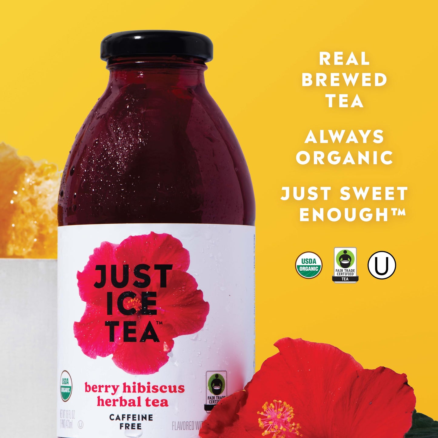 Just Ice Tea Organic Iced Tea, 16 Fl Oz Glass Bottles (Berry Hibiscus Herbal Tea, Pack Of 12)