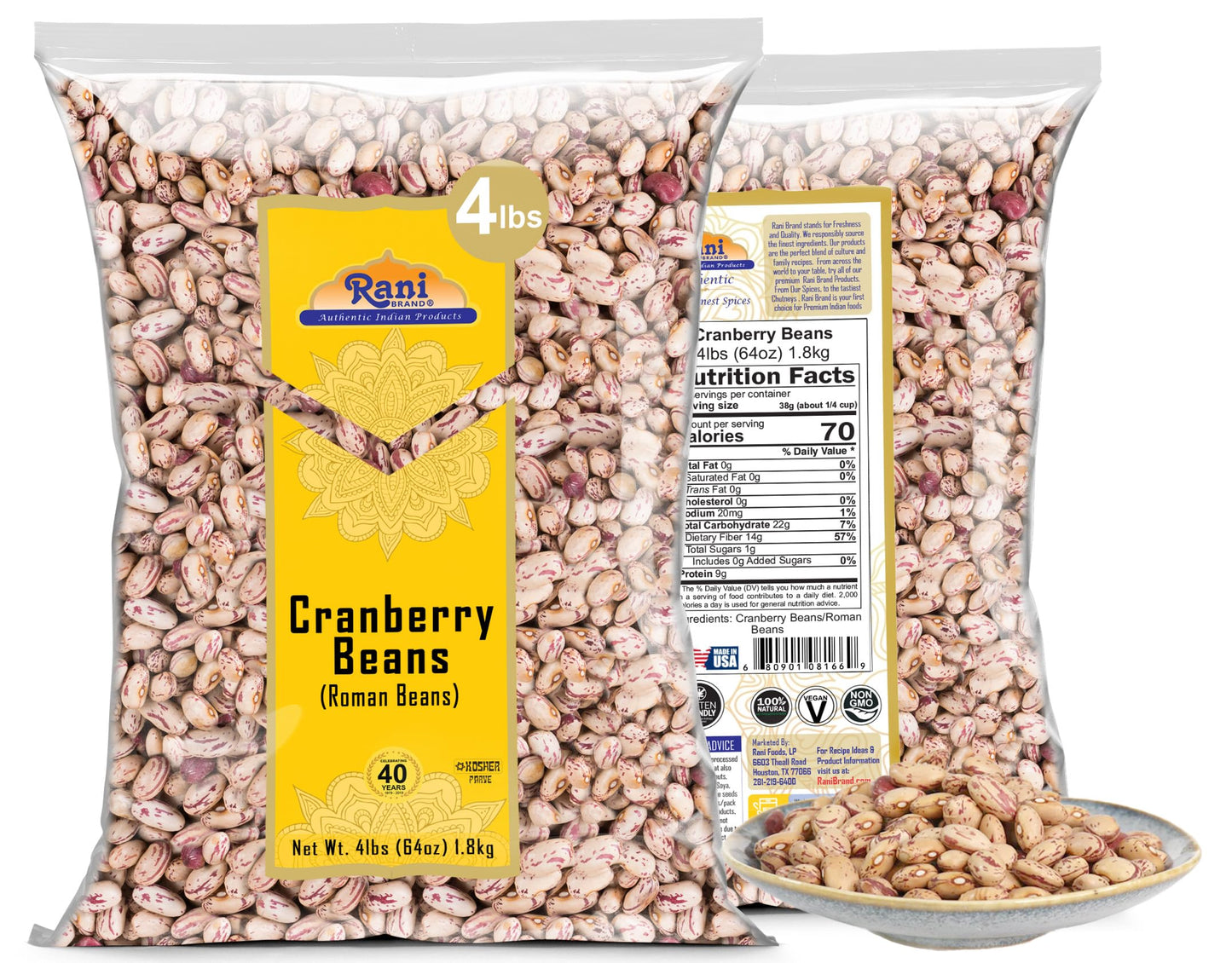 Rani Cranberry Beans (Roman Beans) 64Oz (4Lbs) 1.81Kg Bulk ~ All Natural | Vegan | Gluten Friendly | Non-Gmo | Kosher | Product