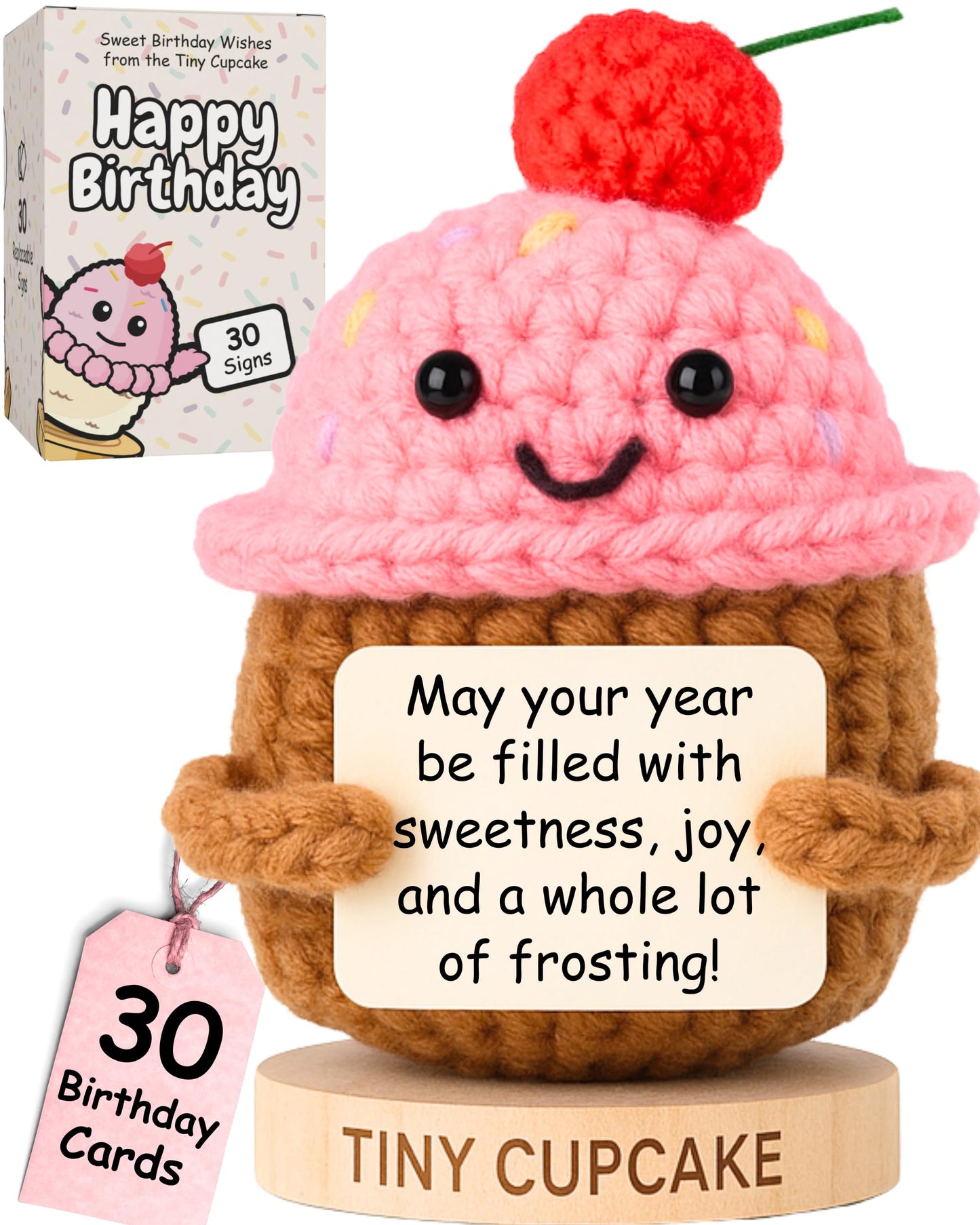 Happy Birthday Cupcake Crochet With 30 Birthday Cards | Funny Gift Idea For Women For 16Th, 21St, 17 Year Old, 30Th Birthdays | Cute Bday Party Decor For Her, Friends, Teens, Coworkers, Sister, Bestie