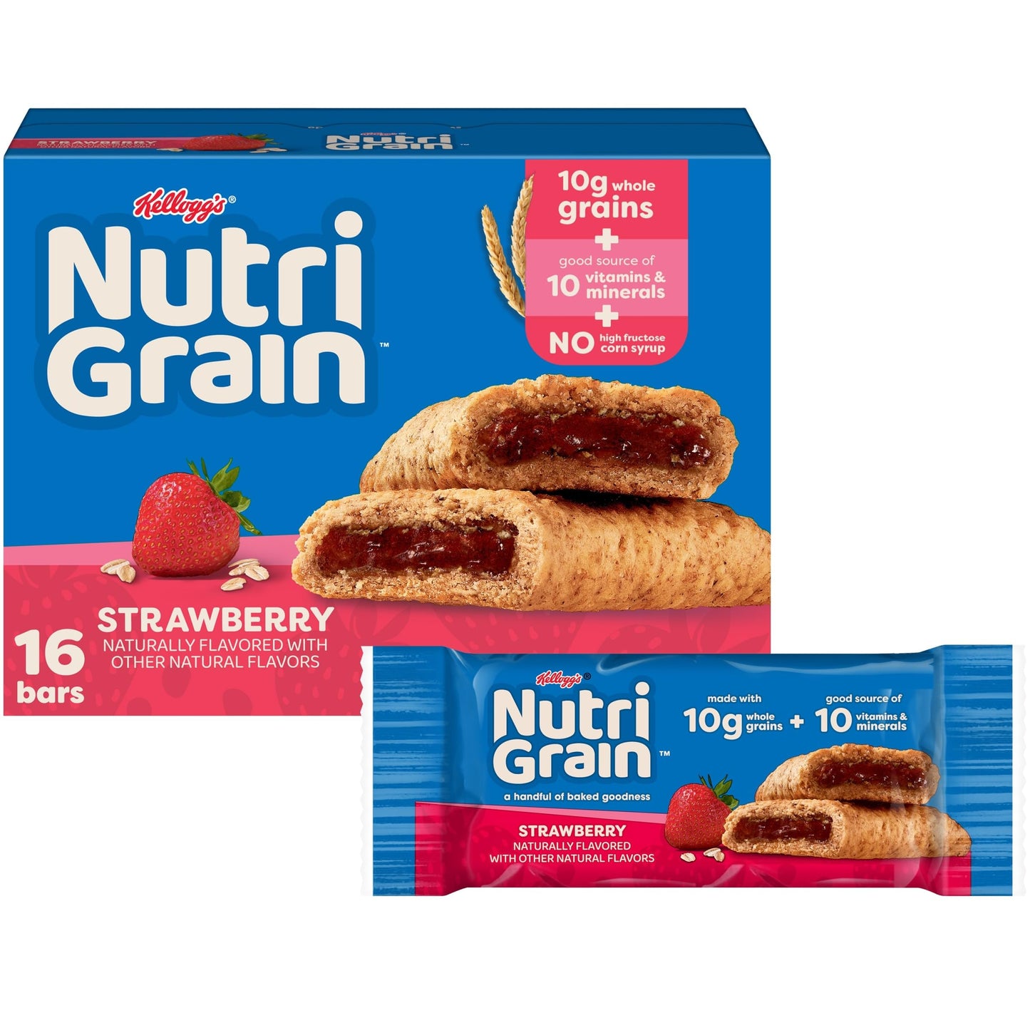 Nutri-Grain Breakfast Bars, Made with 10g Whole Grains, Snack Bars, Strawberry, 20.8oz Box (16 Bars)