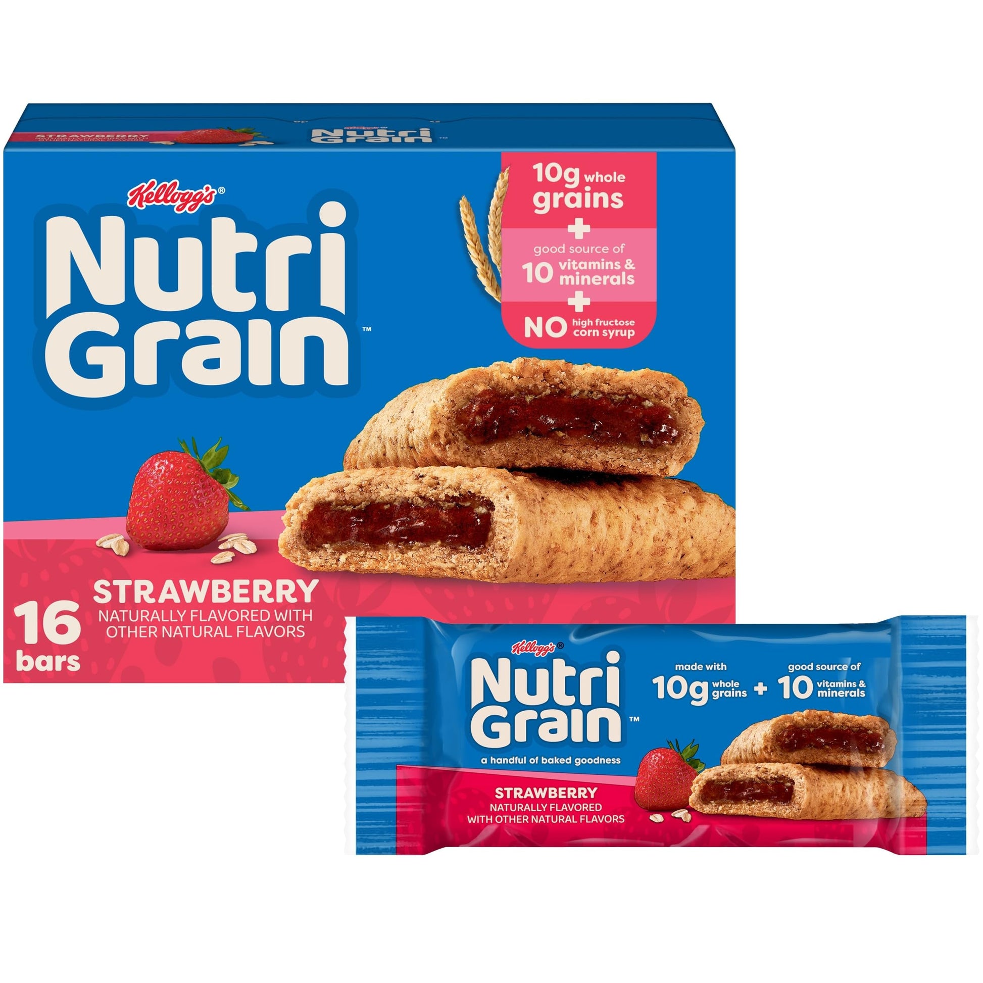 Nutri-Grain Breakfast Bars, Made with 10g Whole Grains, Snack Bars, Strawberry, 20.8oz Box (16 Bars)