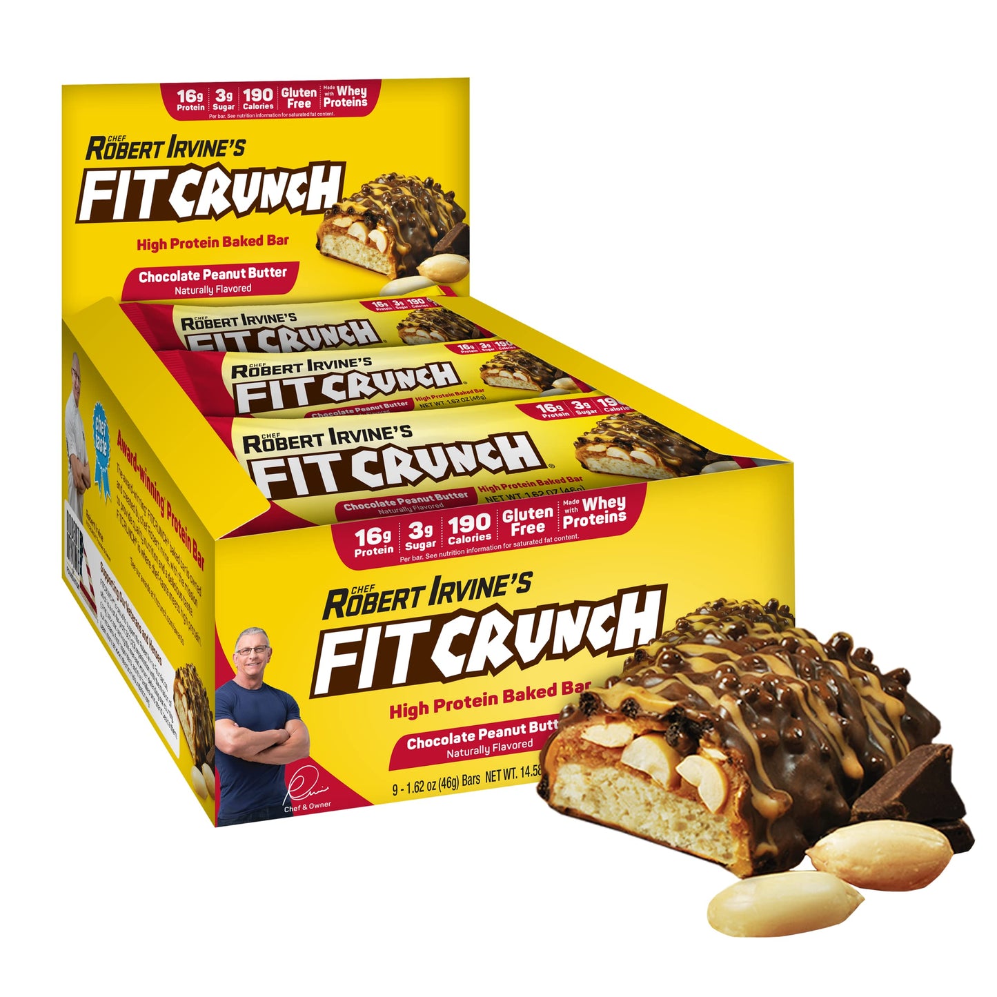 FITCRUNCH Snack Size Protein Bars, 6-Layer Baked Bar, 3g of Sugar, Gluten Free & Soft Cake Core (9 Bars, Chocolate Peanut Butter