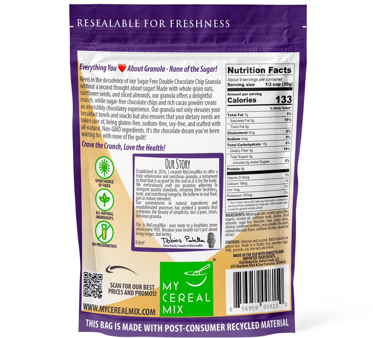 Mycerealmix Sugar Free Double Chocolate Chip Granola - Vegan, Gluten Free Cereal - Monk Fruit & Allulose Sweetened - Diabetic Fr