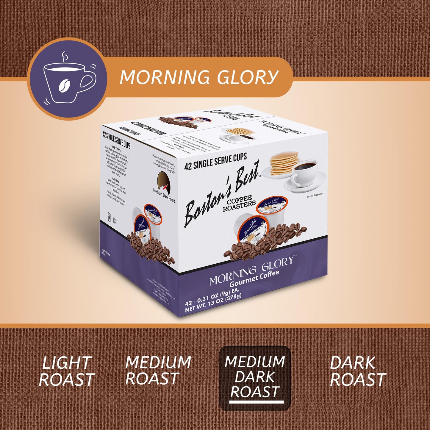 Bostons Best Morning Glory Blend Medium Dark Roast Coffee Pods, 42 Count, Compatible with Keurig malt-inspired