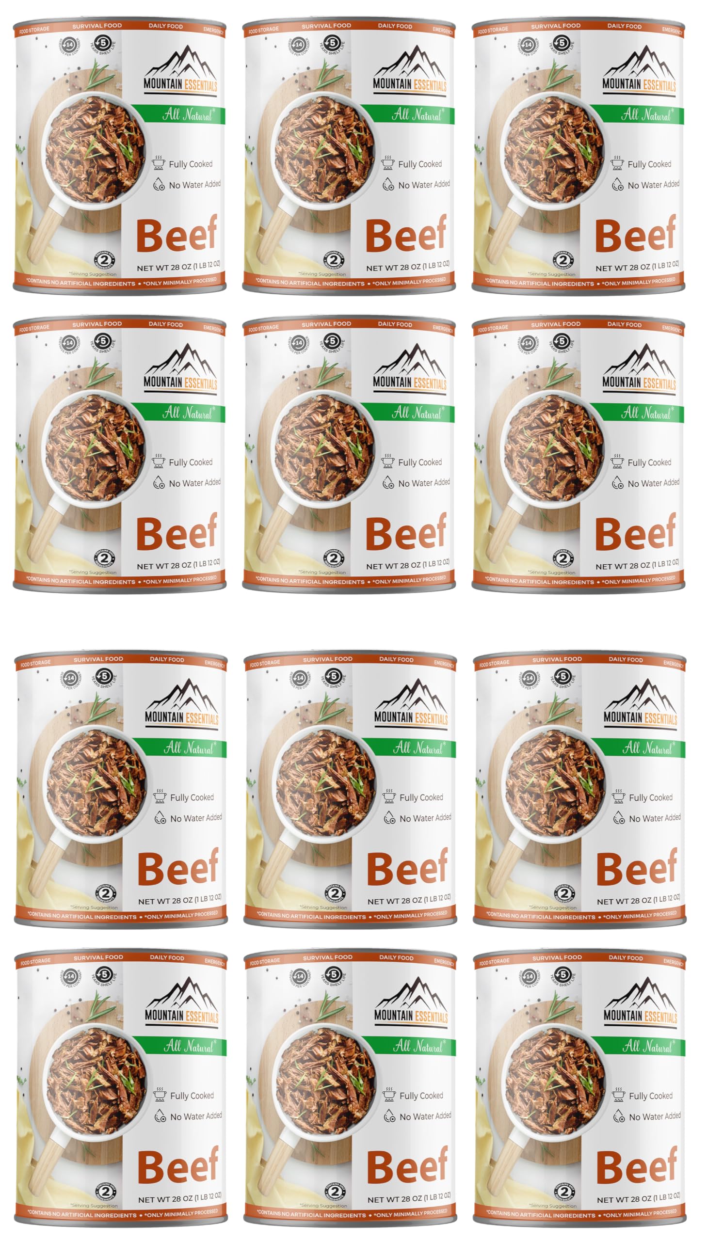 MOUNTAIN ESSENTIALS Canned Beef, All Natural, Gluten Free, Ready to Eat, 28 Oz, Pack of 12