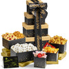 Nut Cravings Thanksgiving Chocolate Covered Pretzels & Caramel Popcorn Gift Basket, 8 Piece Assortment, Black & Gold 5 Tier Tower