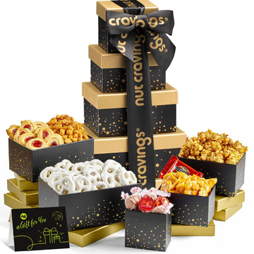 Nut Cravings Thanksgiving Chocolate Covered Pretzels & Caramel Popcorn Gift Basket, 8 Piece Assortment, Black & Gold 5 Tier Tower