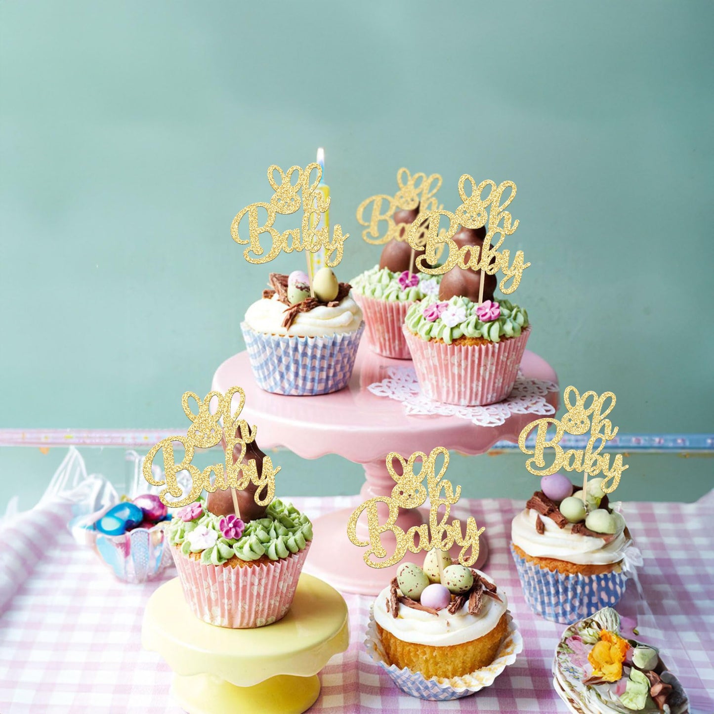 Gyufise 24 Pack Oh Baby Cupcake Toppers Easter Bunny Cupcake Picks Happy Easter Baby Shower Cake Picks For Easter Theme Babyshow