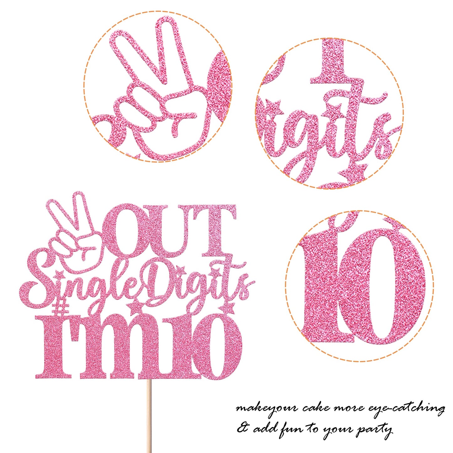 YCTHUNFISH Cake Topper Glitter 10th Birthday Decorations, Bamboo, Pink