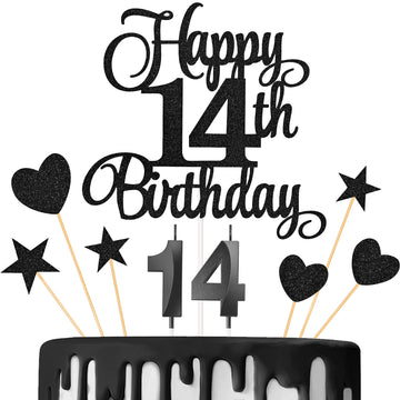 Lecferrarc 14th Birthday Cake Decorations, 14th Birthday Candles Cake Numeral Candles and Glitter Happy 14th Birthday Cake Toppe