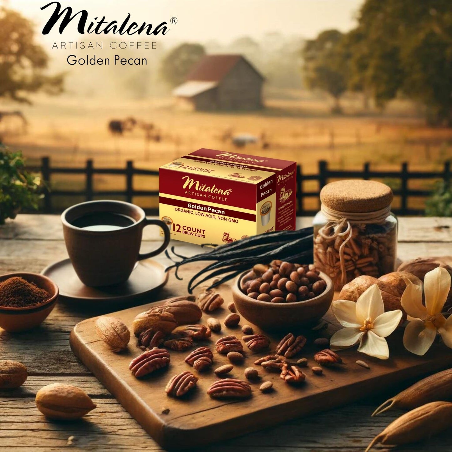 Mitalena Gourmet Coffee Golden Pecan Low Acid Coffee Pods, Medium Roast K Cups, Vanilla & Pecan Flavor, 12 Count