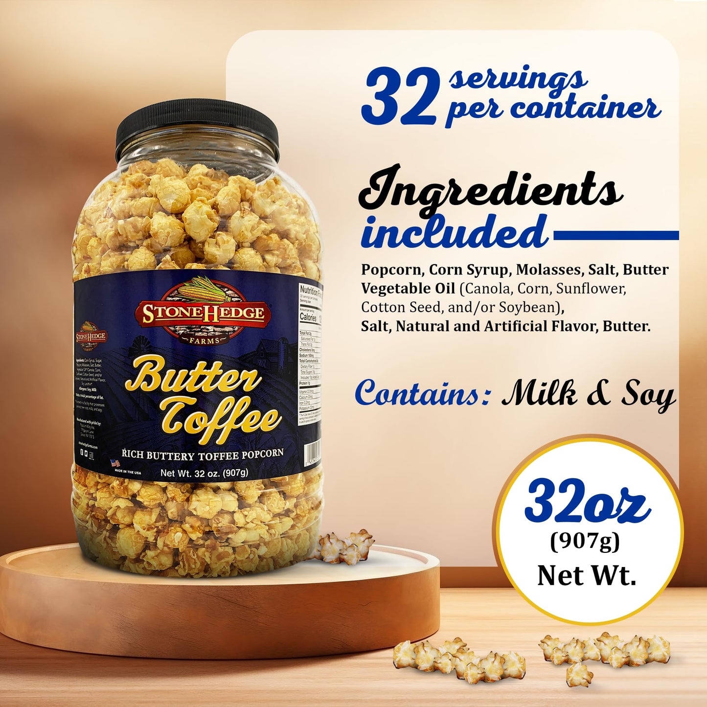 Stonehedge Farms Butter Toffee Flavored Popcorn | 32 oz Large Tub | Perfect for Holidays and Christmas | Bulk Gourmet Popped Swe