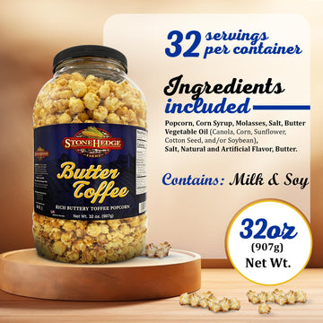 Stonehedge Farms Butter Toffee Flavored Popcorn | 32 oz Large Tub | Perfect for Holidays and Christmas | Bulk Gourmet Popped Swe