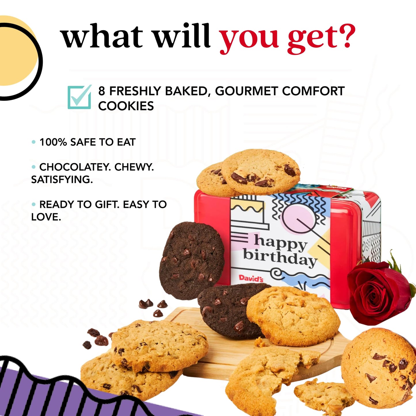 Davids Cookies Happy Birthday Gift Sampler Tin – Crunchy Gourmet Cookies – Bakery Snack Gift For Birthdays, Celebrations And Special Occasions –Assorted Cookies