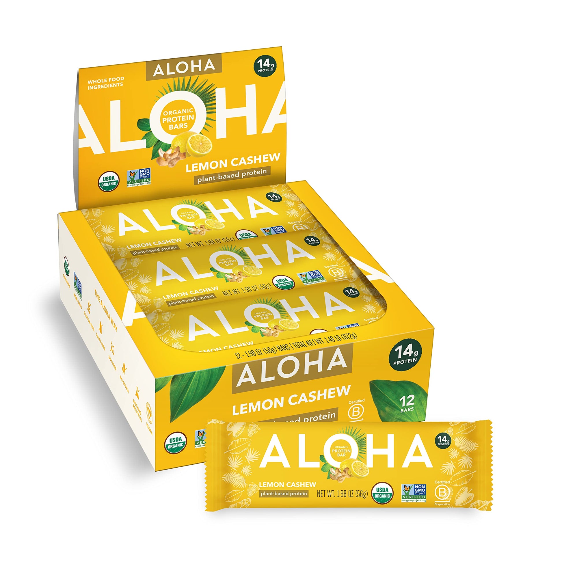 Aloha Organic Plant Based Protein Bars - Lemon Cashew - 12-Count - Vegan, Low Sugar, Gluten-Free, Paleo, Low Carb, Non-Gmo, No S