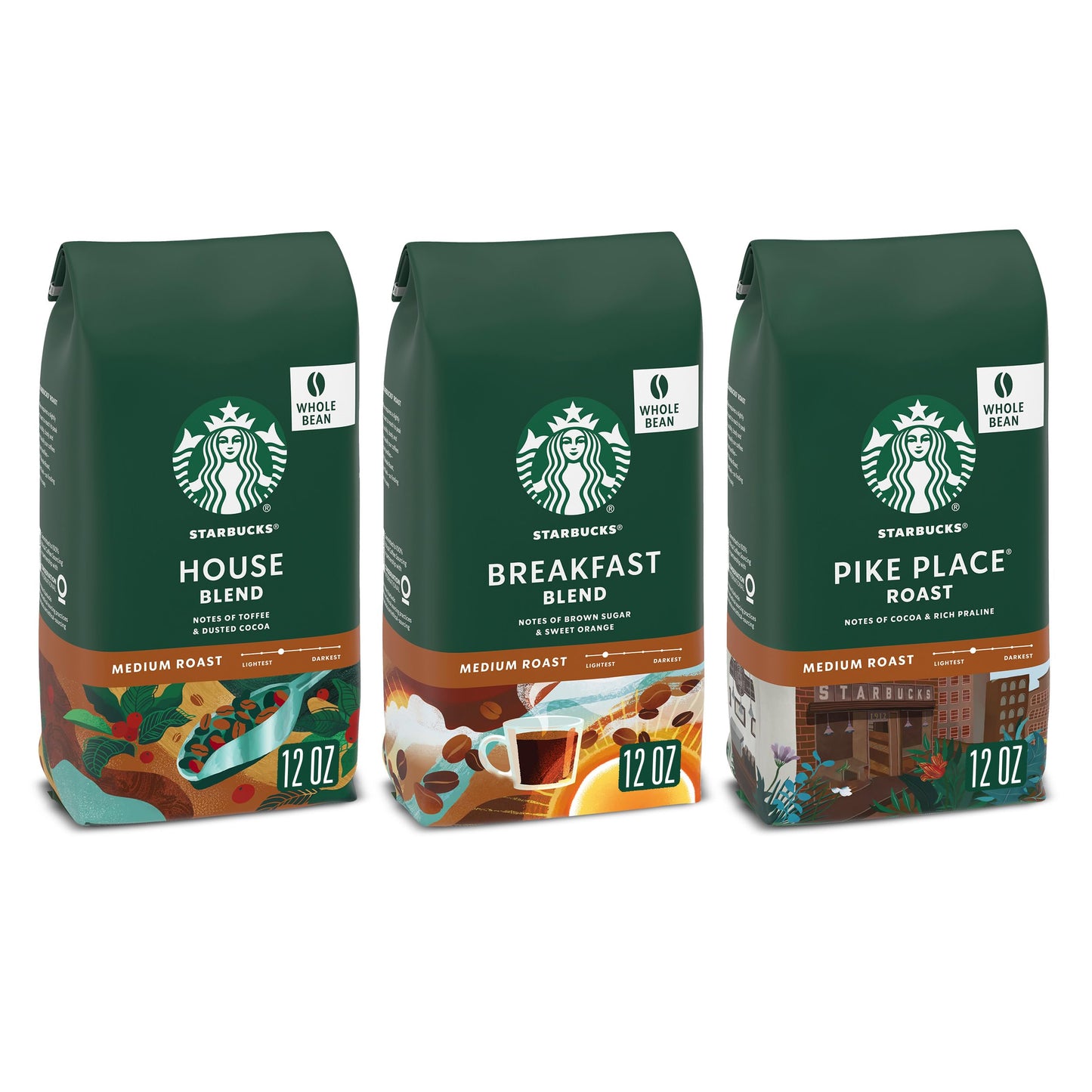 Starbucks Medium Roast Whole Bean Coffee Variety Pack, 3 Bags, 12 oz Each