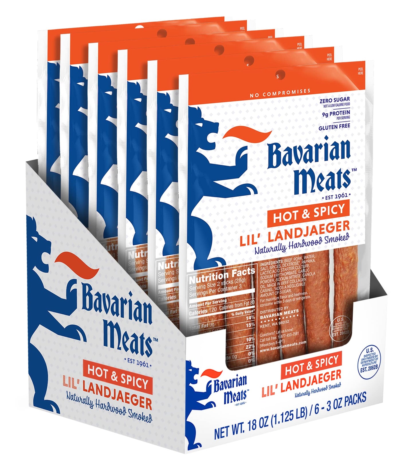 Bavarian Meats Hot & Spicy Landjaeger Meat Sticks, Zero Sugar, Gluten Free, Keto Friendly, 3 Ounce (Pack of 6)