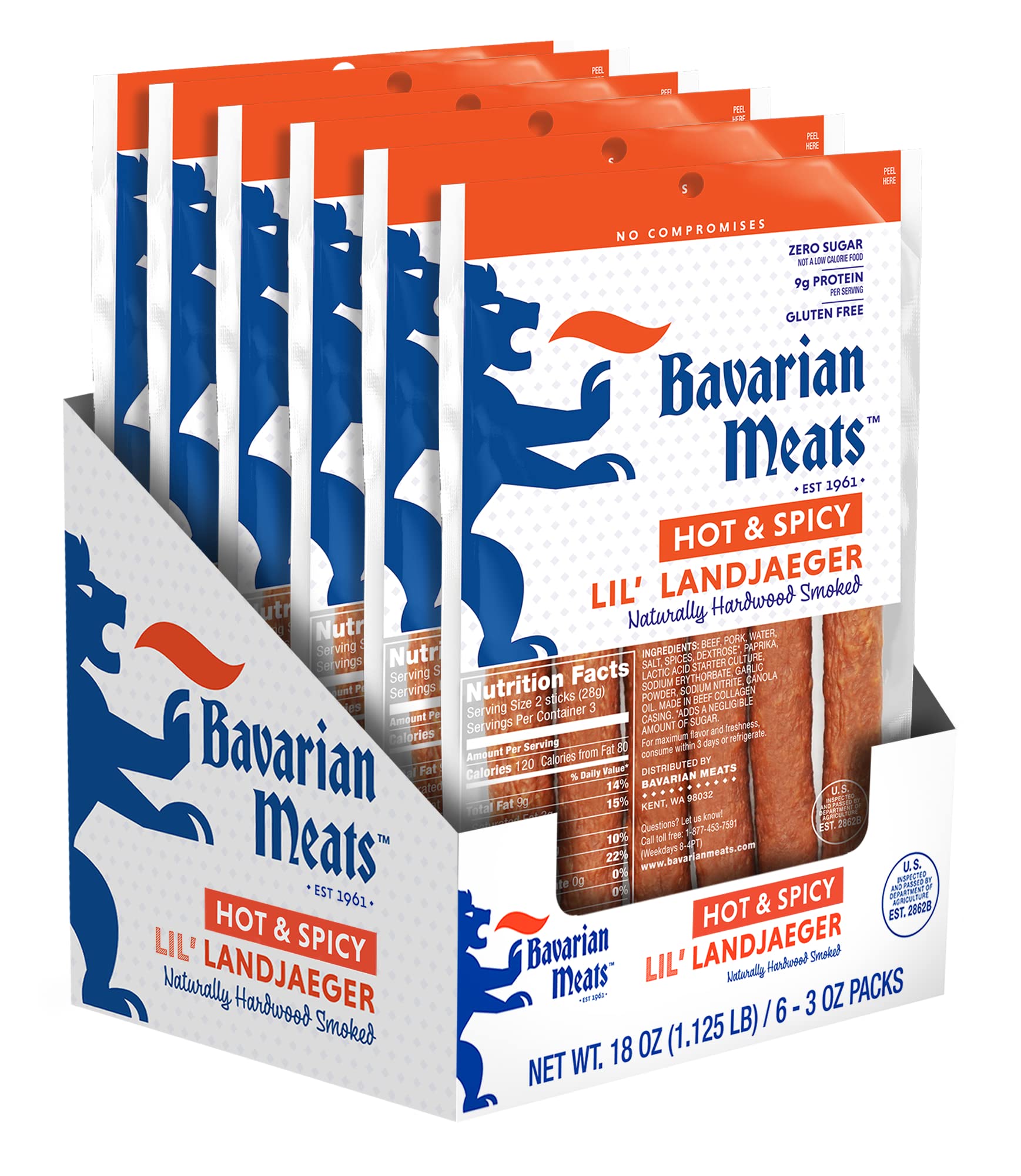 Bavarian Meats Hot & Spicy Landjaeger Meat Sticks, Zero Sugar, Gluten Free, Keto Friendly, 3 Ounce (Pack of 6)