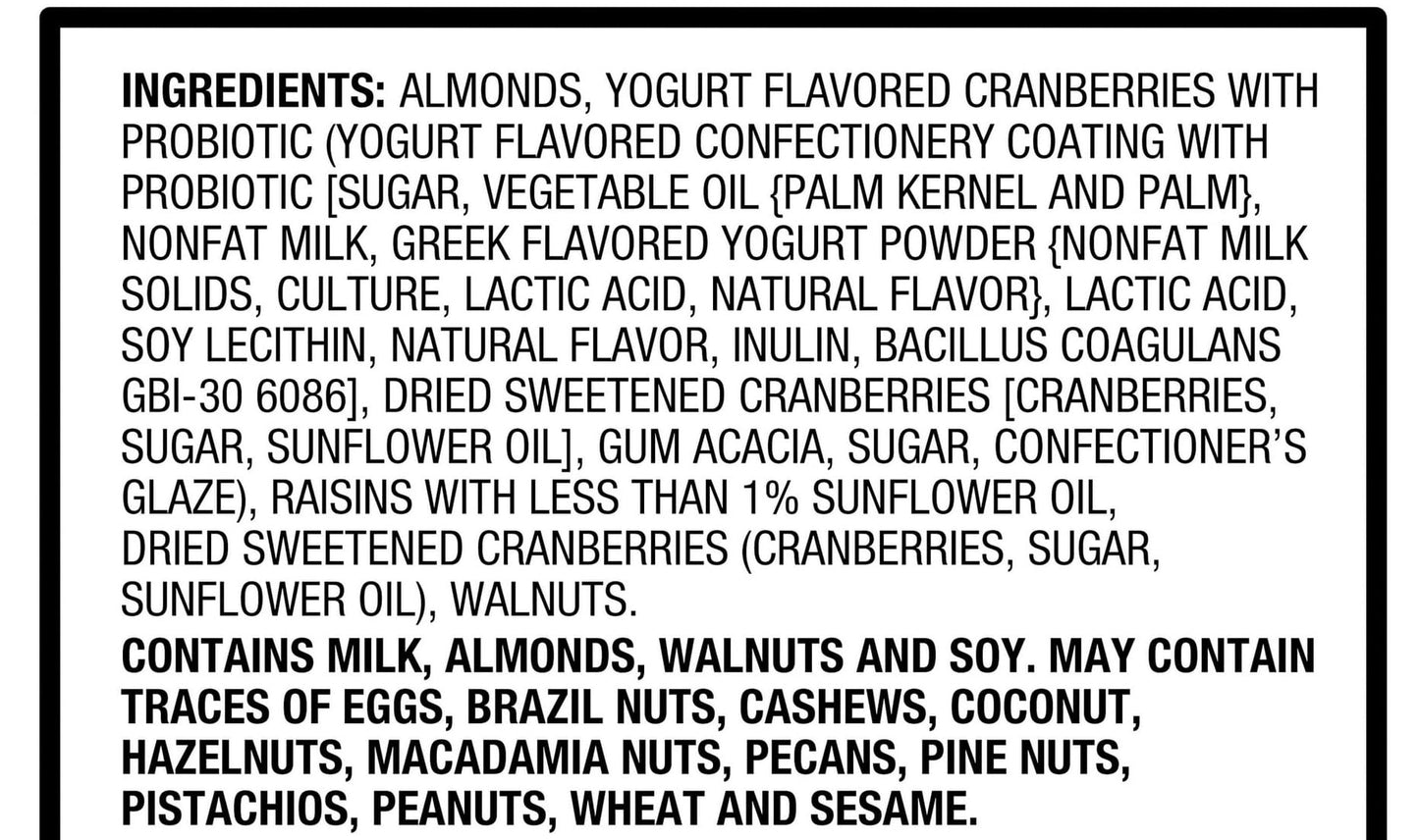 Probiotic Trail Mix: Yogurt Cranberries With Probiotics, Dried Cranberries & Raisins, Raw Almonds & Walnuts, Great Omega 3 Snack