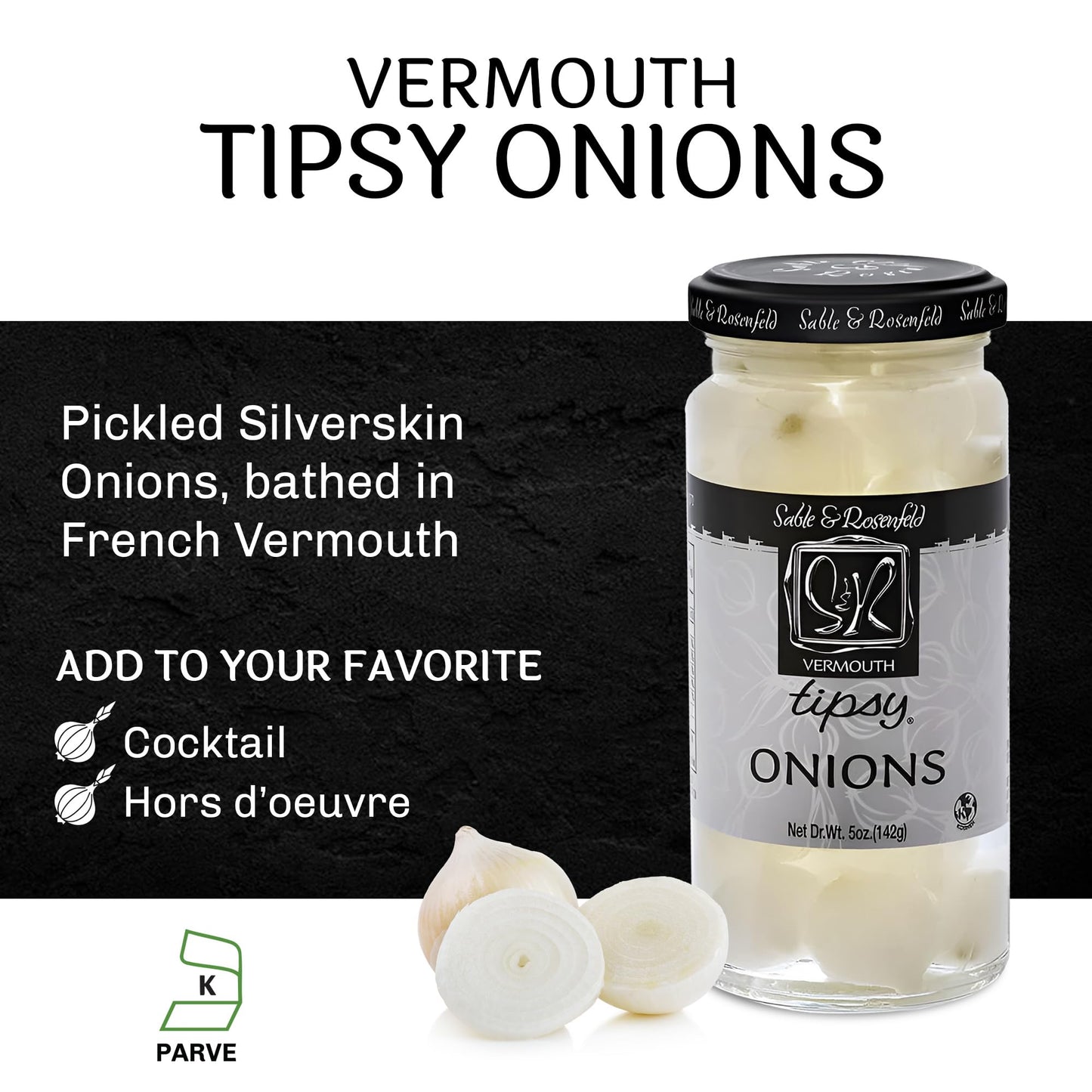 Sable & Rosenfeld Tipsy Cocktail Onions - Pickled Silverskin Onions, 5 oz Jar, Kosher Parve, Pack of 5