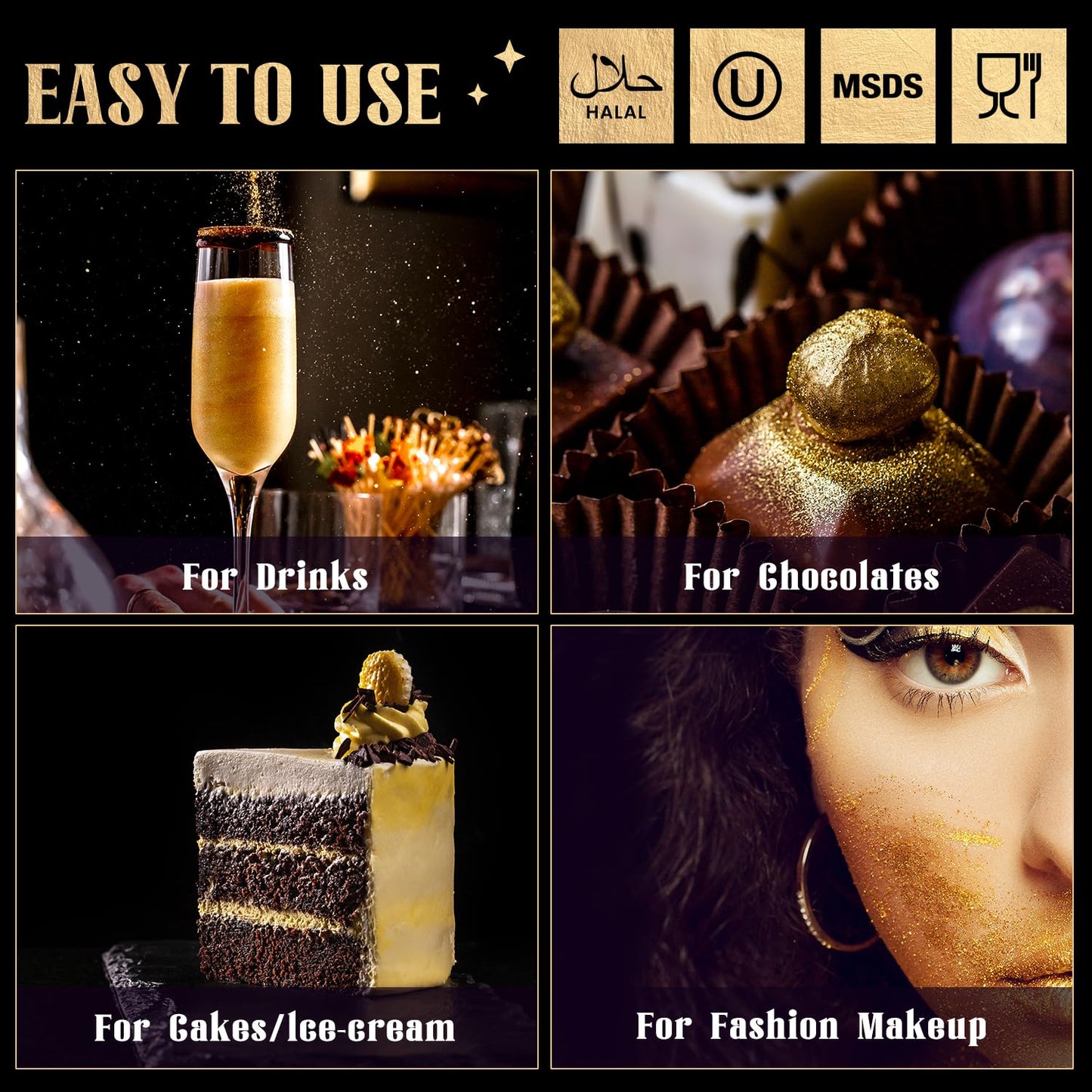 Shimmer Gold Edible Glitter, Food Grade 4G Sujoygar, Edible Glitter For Drinks, Metallic Powder For Decorating, Cocktail, Cake,