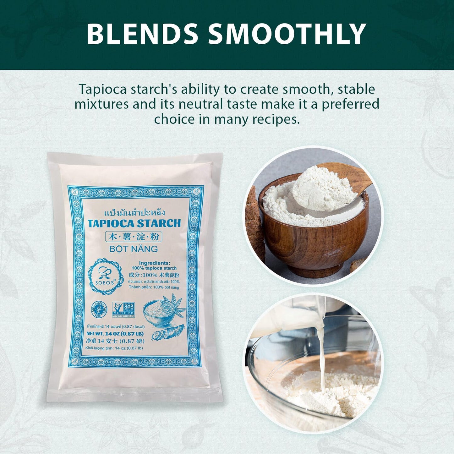 Soeos Tapioca Flour Starch, 14 Ounce, All Natural Tapioca Starch For Baking, Cooking & Boba Pearls, Thickens And Enhances Textur