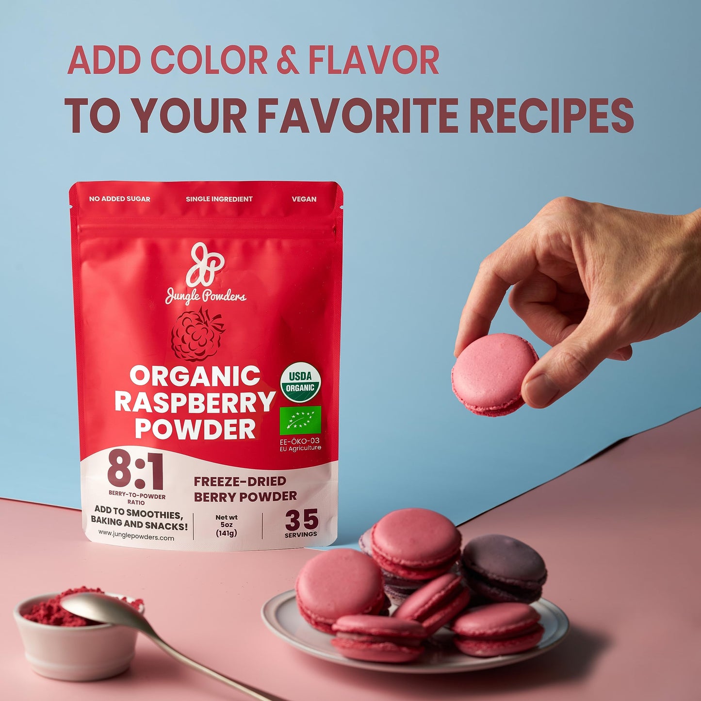Jungle Powders Organic Raspberry Powder 5 Ounce Bag, USDA Organic Freeze Dried Raspberries from Whole Berry for Baking, Additive