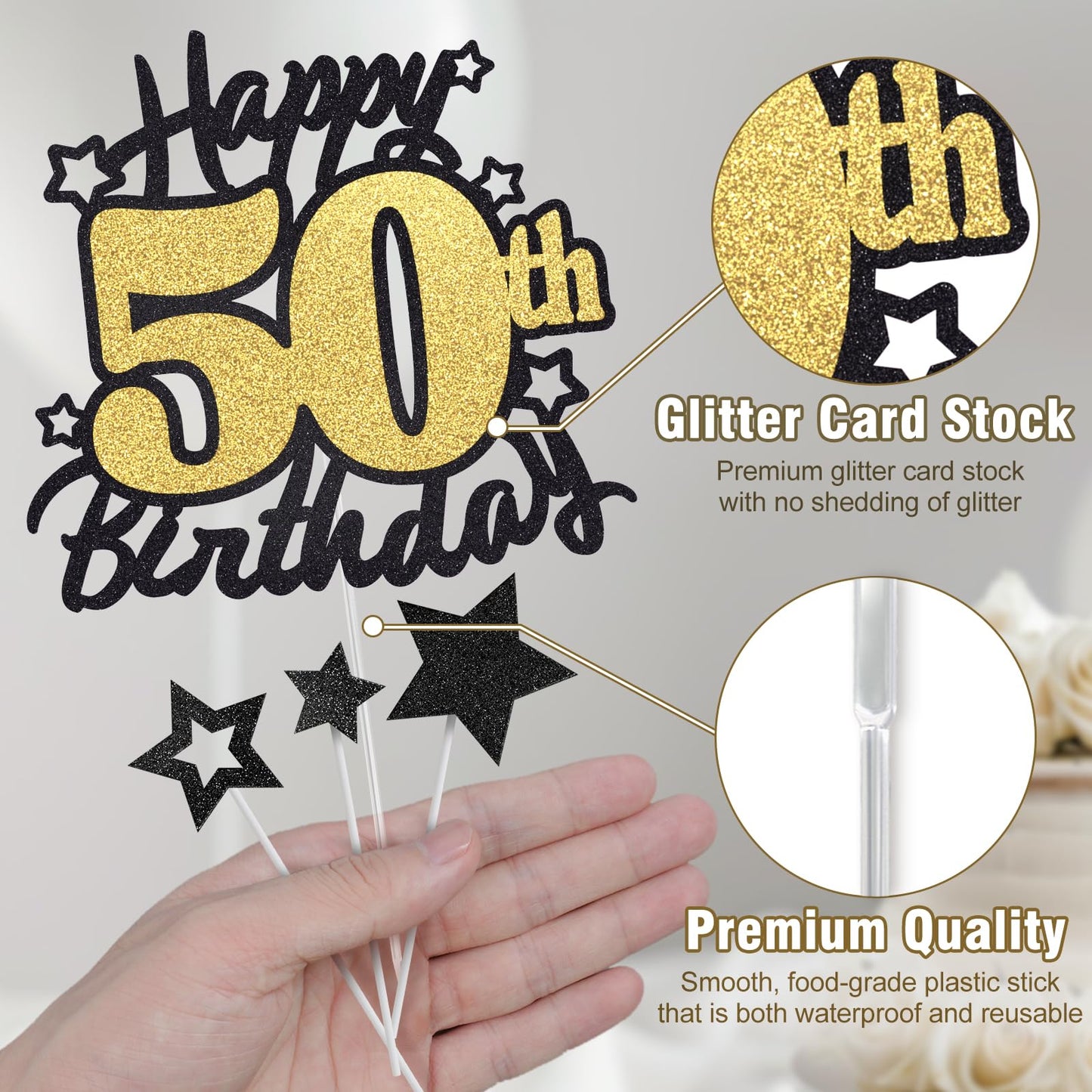 Happy 50Th Birthday Cake Topper, Black And Gold Glitter Cake Toppers, 50 Year Birthday Party Cake Decoration