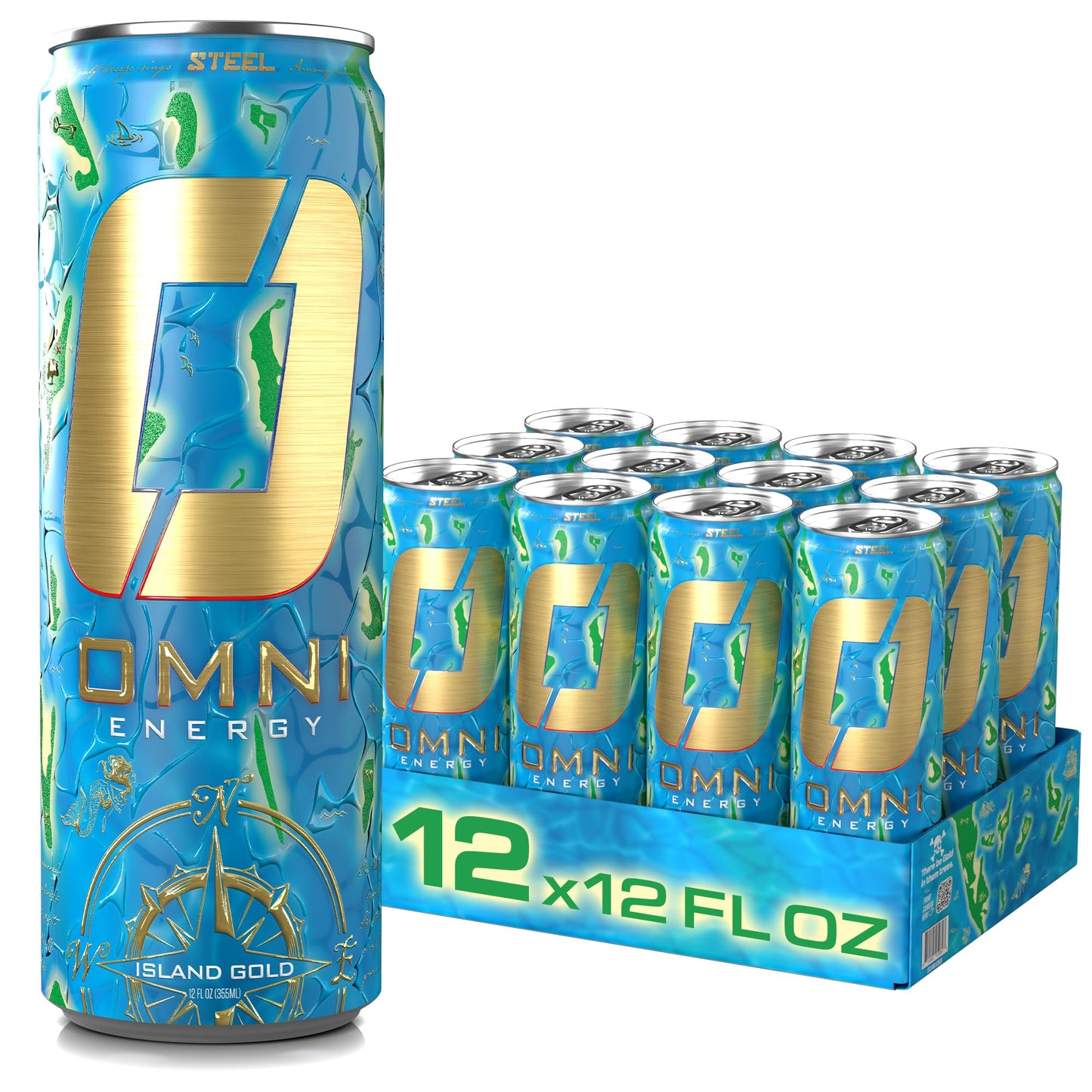 Steel Supplements OMNI Energy Drink - Island Gold, 12 Oz, Pack of 12, 200mg Caffeine, Sugar-Free, Low Calorie