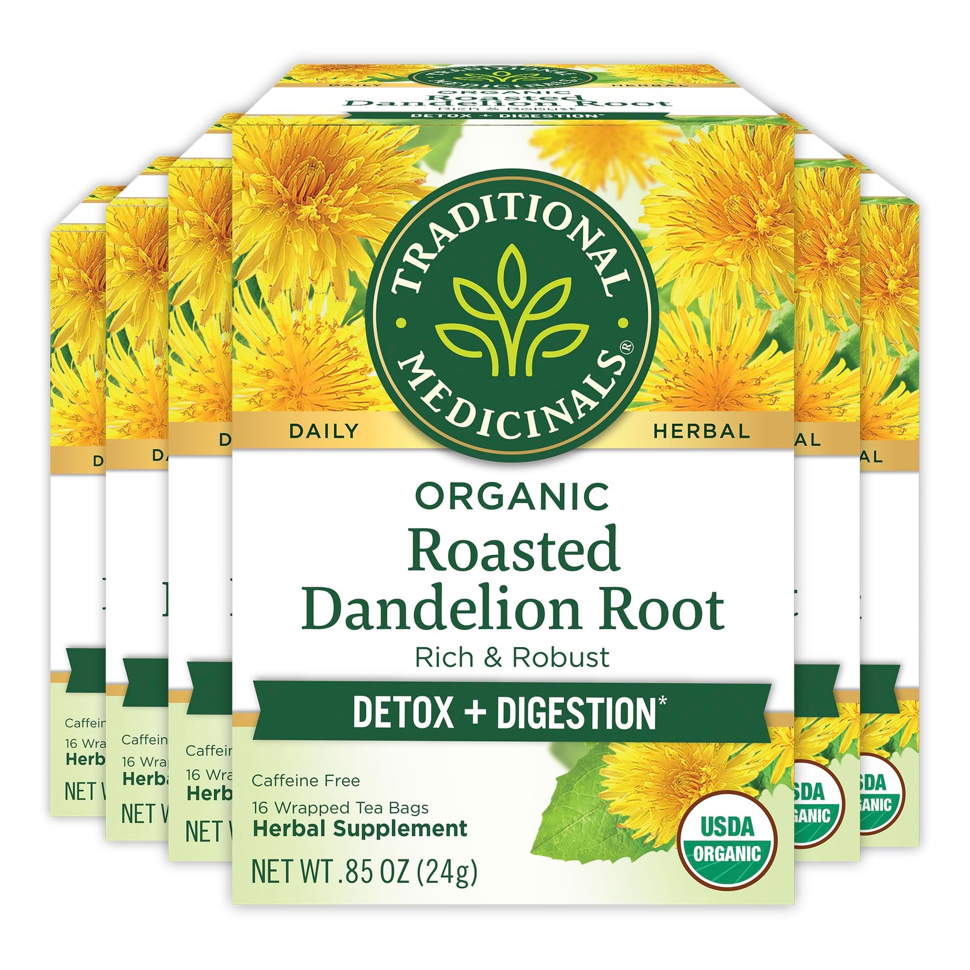 Traditional Medicinals Organic Roasted Dandelion Root Tea, 96 Bags, Supports Kidney Function & Healthy Digestion, Pack of 6