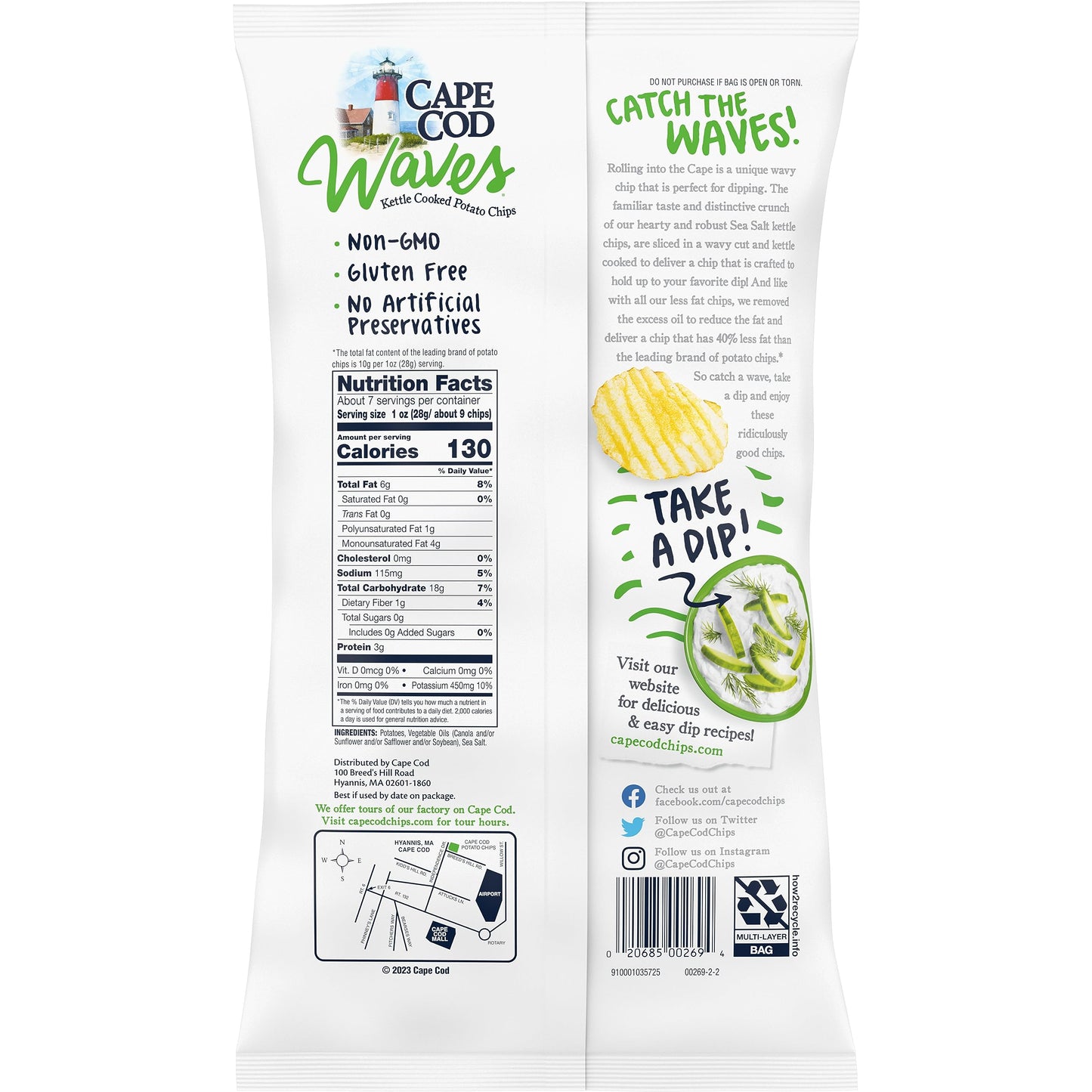 Cape Cod Potato Chips, Wavy Cut Less Fat Sea Salt Kettle Chips, 7.5 Oz