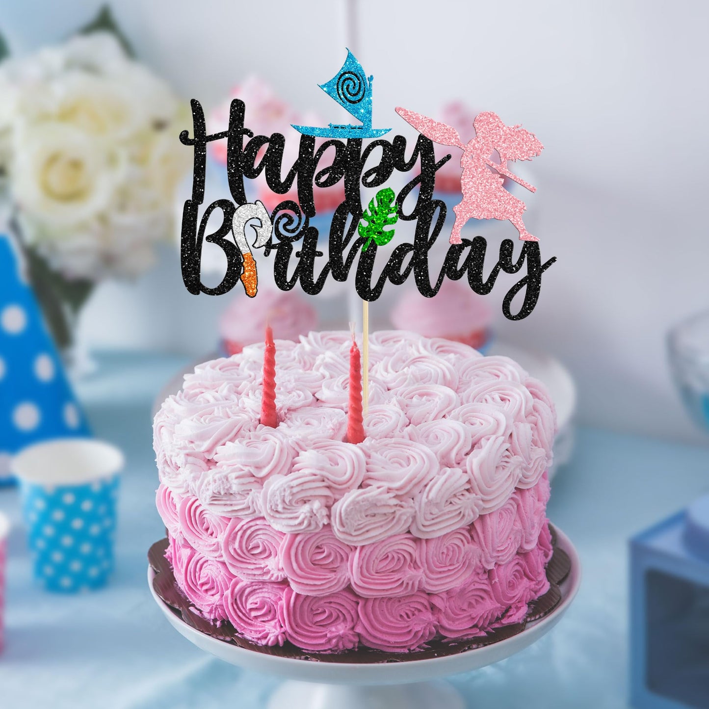 1Pcs Moa Inspired Cake Topper Black Glitter Palm Leaf Flower Happy Birthday Cake Pick Decoration For Tropical Hawaiian Luau Them
